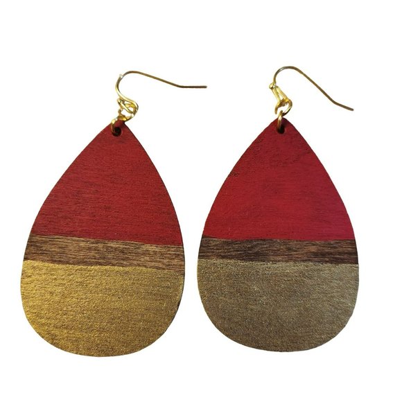Earrings red gold teardrop wood - Picture 4 of 5
